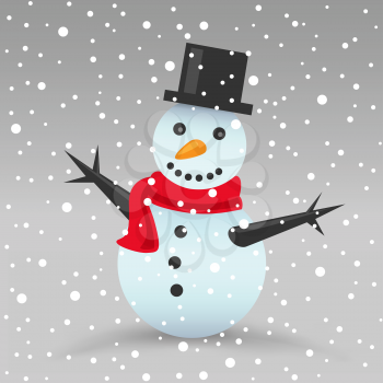 The Christmas snowman with red scarf and snow gray background