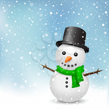 The snowman with green scarf and black hat on the snowfall background