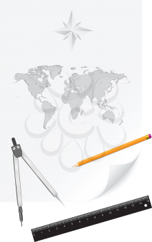 Measuring tools a compasses, a pencil and a ruler lie on a sheet of paper with world map drawing