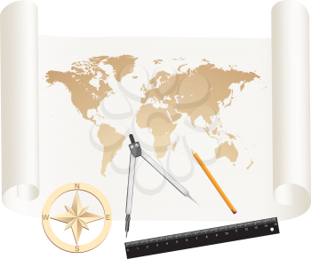 Measuring tools a compasses, a pencil and a ruler lie on a roll of paper with world map drawing
