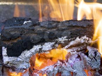 The log burns down on fire for barbecue preparation