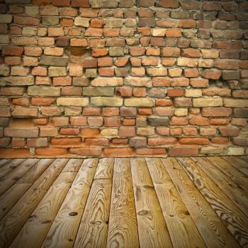 The abstract background, pine floor and brick wall