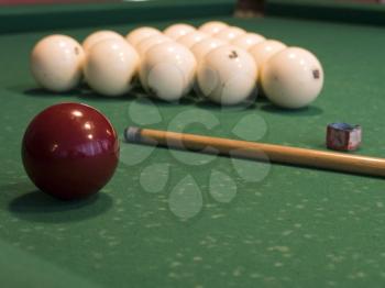 The russian billiard attributes, cue, chalk and balls