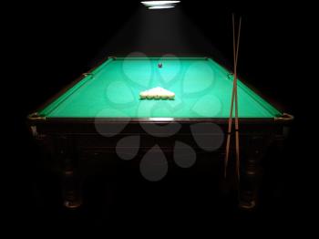 The russian billiard table with a cue and balls on a dark background