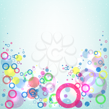 Flying up multicolored circles on light blue mesh background with the area for the text