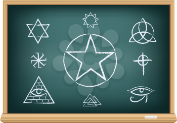 Studying magic and religion symbol. Drawings signs on education blackboard on a white background.