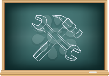 Hammer and wrench drawing on education blackboard on a white background