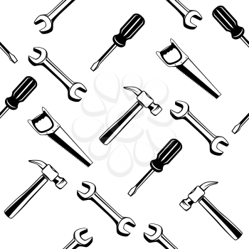 Different tools seamless texture background. Repairer backdrop. Wrench screwdriver saw hammer