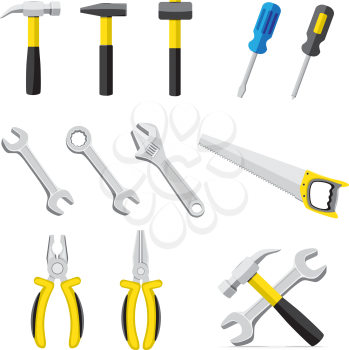Collection of different tools to combine setting icon. Repairer set, wrench screwdriver saw hammer pliers