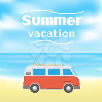 The text summer vacation on blue sky and sea background Car with a surfboard on the beach