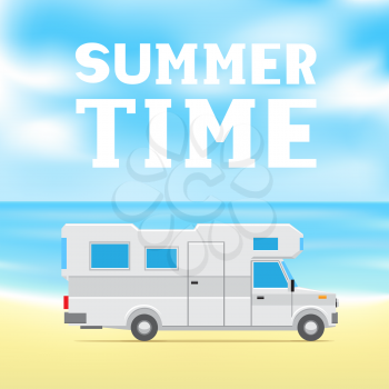 The text summer time on blue sky and sea background. Camp car on the beach. White trailer on the sand