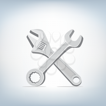 The wrench and spanner icon on light mesh background, tool symbol