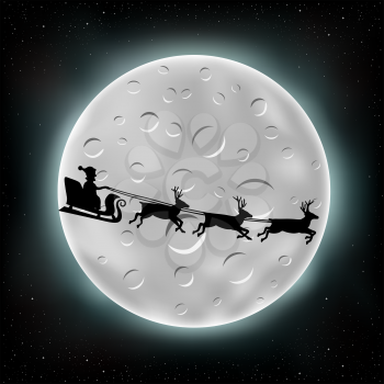 The flying Santa Claus with reindeer, large moon with craters and stars on background
