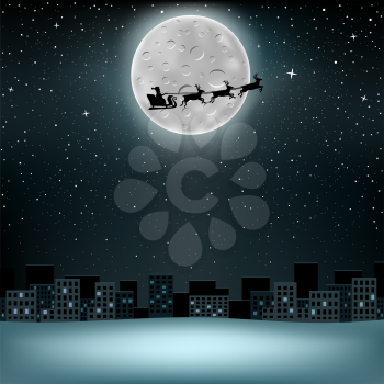 The flying Santa Claus with reindeer, large moon with craters on stars background over night city