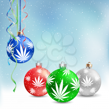 Cannabis hemp marijuana Christmas balls on light white and blue snow background. Smoke hashish narcotic patern