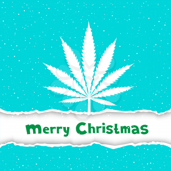 Cannabis hemp marijuana congratulation. Text Merry Christmas on white and blue torn paper background. Smoke hashish narcotic silhouette