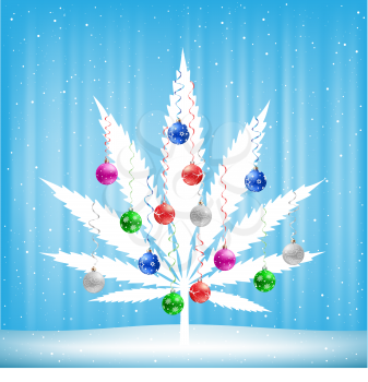 Growing cannabis hemp marijuana Christmas tree with colorfull balls on light white and blue snow background