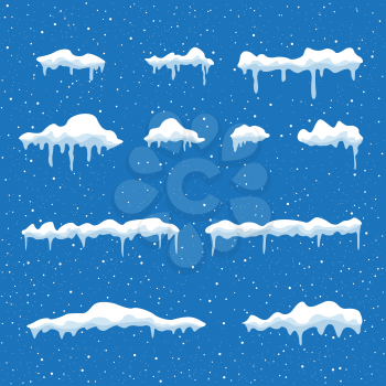 Winter snowdrift on blue background. Snow cap element. Cartoon ice and icicle. Christmas and New Year template