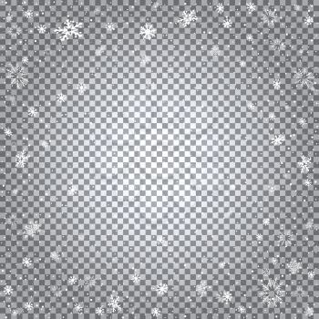 Snowfall closeup and light reflect effect isolated on transparent backdrop. Christmas and New Year falling snow template