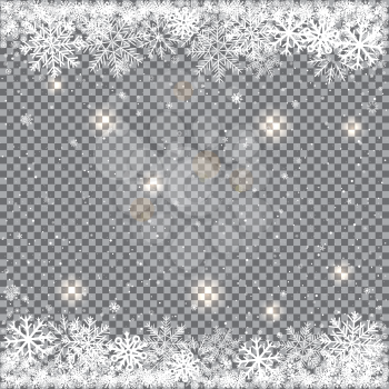 Winter falling snow. Snowflake closeup and light reflect effect isolated on transparent backdrop. Christmas and New Year snowfall template
