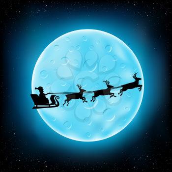 Big blue moon with craters and flying Santa Claus with reindeer on night stars background