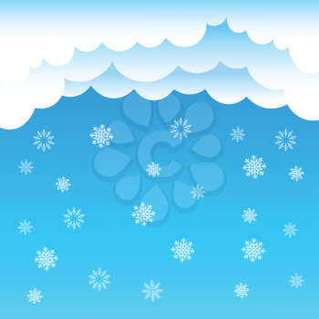 The cartoon cloud and snow falling on blue background. Winter time. Christmas and New Year eve
