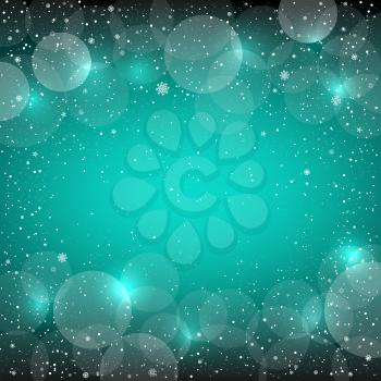 Holiday azure blue snow background with sparkle bokeh circles. Christmas and New Year backdrop