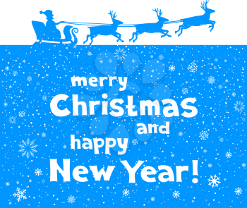 The Christmas Greetings from Santa which flies to give gifts. Blue silhouette of blast off sleigh on white background