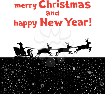 The Christmas Greetings from Santa which blast off to give gifts. Black silhouette of fly sleigh on white background