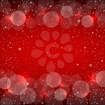 Holiday red snow background with sparkle bokeh circles. Christmas and New Year backdrop