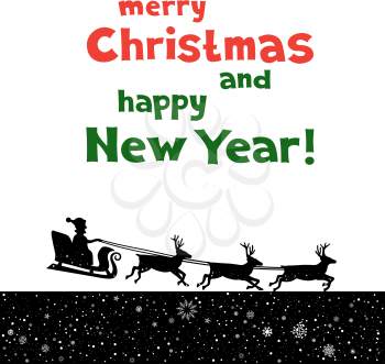 The Christmas Greetings from Santa which fly to give gifts. Black silhouette of blast off sleigh on white background