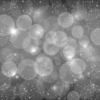 Holiday gray snow background with sparkle black and white bokeh circles. Christmas and New Year grayscale backdrop