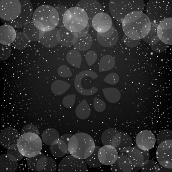 Holiday black snow background with sparkle bokeh circles. Christmas and New Year backdrop