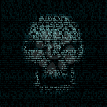 Programming code shows blue smiled hacker skull with red eyes on dark screen background. Computer was hacked