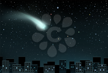 The large shining comet on stars background falling over the night city