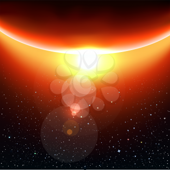 Star light and the red planet. Stars and reflections of light on background. Space vector illustration