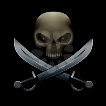 Realistic illustration of pirate skull with red eyes and on sabers and bottom. Pirate sign, piracy symbol