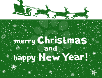 The Christmas Greetings from Santa which flies to give gifts. Green silhouette of blast off sleigh on white background