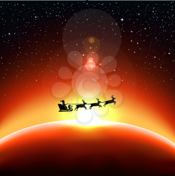 Santa Claus is flying in space on the background of the red planet. Stars and reflections of light on universe background