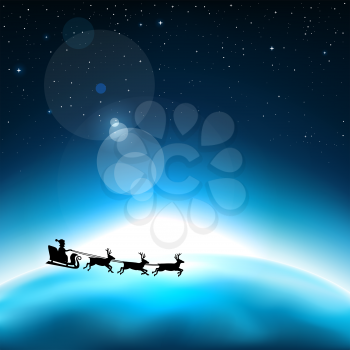 Santa Claus is flying in space on the background of the blue planet Earth. Stars and reflections of light on universe background