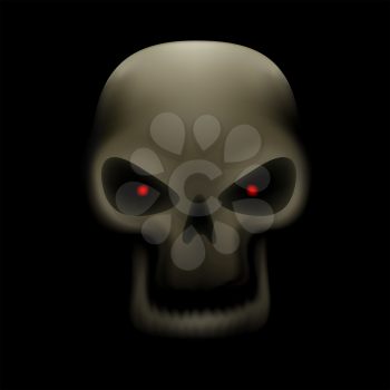 Realistic illustration of human skull with red eyes and no teeth on dark background