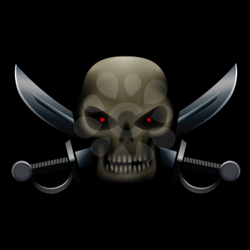 Realistic illustration of pirate skull with red eyes and sabers on background. Pirate sign, piracy symbol