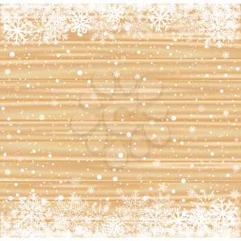 Snow and light brown wood backdrop. Christmas bright wooden background texture