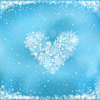 Love Christmas. The falling white snow makes the heart on blue background. Winter clipart