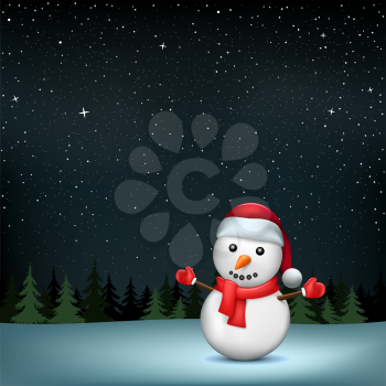 The snowman in Santa hat on night wood and stars background. Christmas holiday celebration