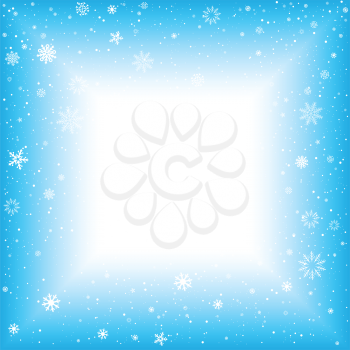 The abstract Christmas snow blue background. Simple snowflakes and space for text in the center