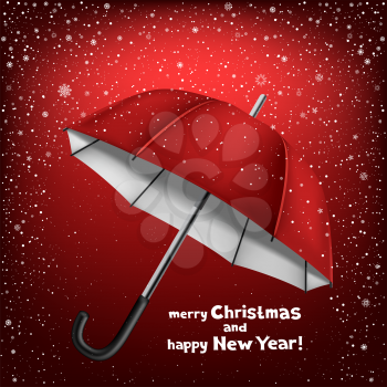 Winter dark red background with snow and opened umbrella. Lettering merry Christmas and happy New Year