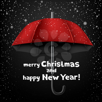 Red and black umbrella on dark snow background. Lettering Merry Christmas and Happy New Year