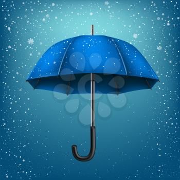 Blue umbrella on blue snow background. Christmas and New Year theme