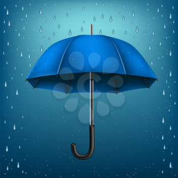 The blue opened umbrella on rainy background